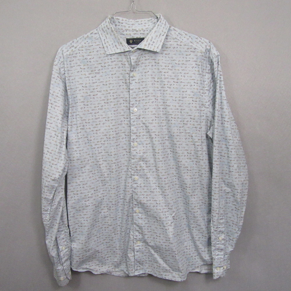 Riley Mens Button Up Shirt XL Blue Slim Fit Long Sleeve Airplane Allover